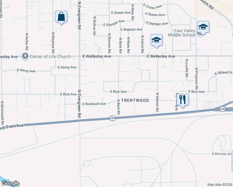 map of restaurants, bars, coffee shops, grocery stores, and more near 4406 North Best Road in Spokane Valley