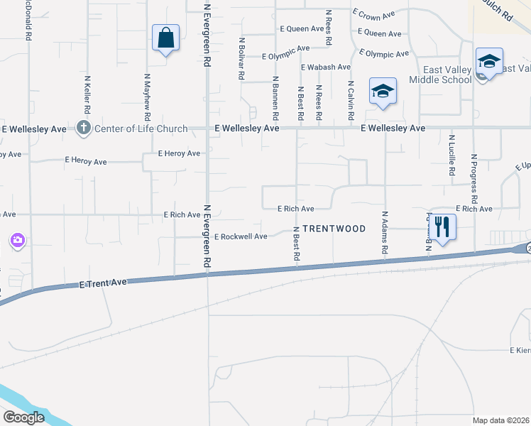 map of restaurants, bars, coffee shops, grocery stores, and more near 14124 East Rich Avenue in Spokane Valley