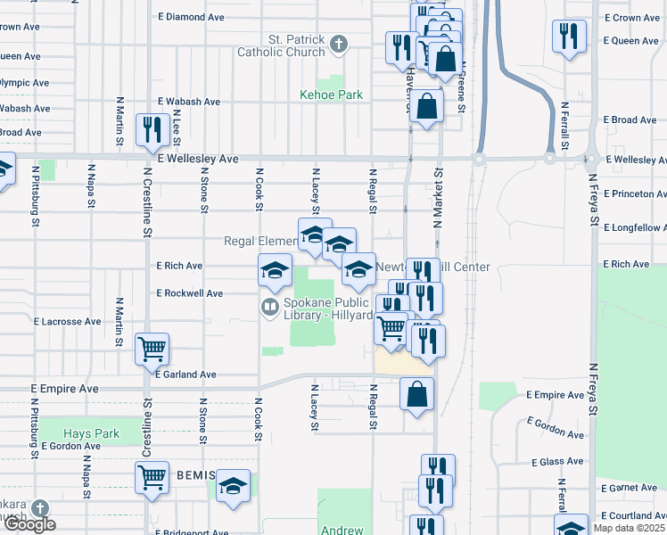 map of restaurants, bars, coffee shops, grocery stores, and more near 2704 East Rich Avenue in Spokane