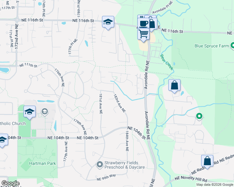 map of restaurants, bars, coffee shops, grocery stores, and more near 10816 183rd Avenue Northeast in Redmond