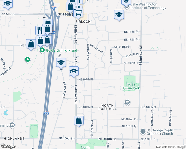 map of restaurants, bars, coffee shops, grocery stores, and more near 10720 126th Avenue Northeast in Kirkland