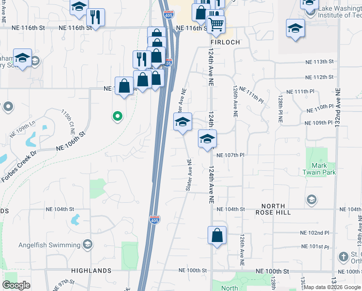 map of restaurants, bars, coffee shops, grocery stores, and more near 12122 Northeast 108th Street in Kirkland