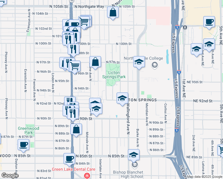 map of restaurants, bars, coffee shops, grocery stores, and more near 9236 Woodlawn Avenue North in Seattle