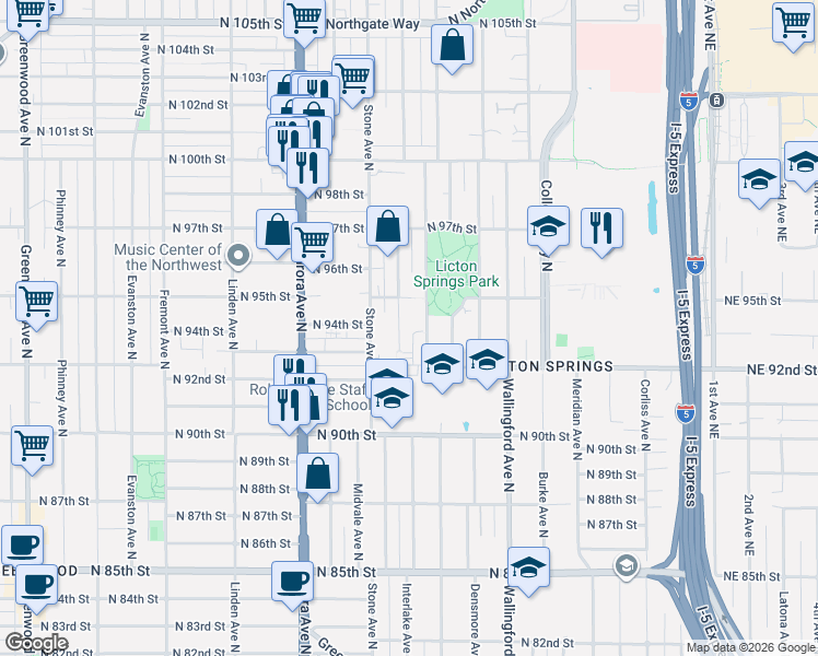 map of restaurants, bars, coffee shops, grocery stores, and more near 9231 Ashworth Avenue North in Seattle