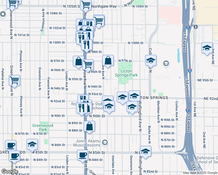 map of restaurants, bars, coffee shops, grocery stores, and more near 9322 Stone Avenue North in Seattle