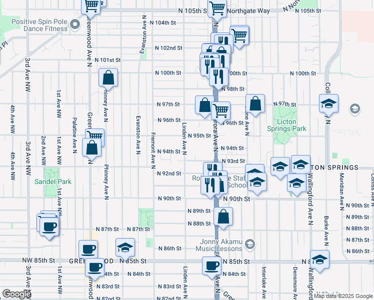 map of restaurants, bars, coffee shops, grocery stores, and more near 9403 Linden Avenue North in Seattle