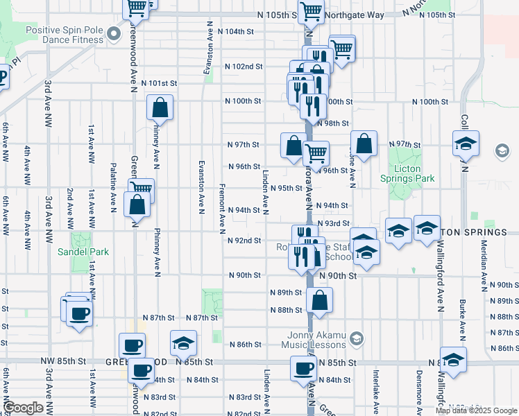 map of restaurants, bars, coffee shops, grocery stores, and more near 9403 Linden Avenue North in Seattle