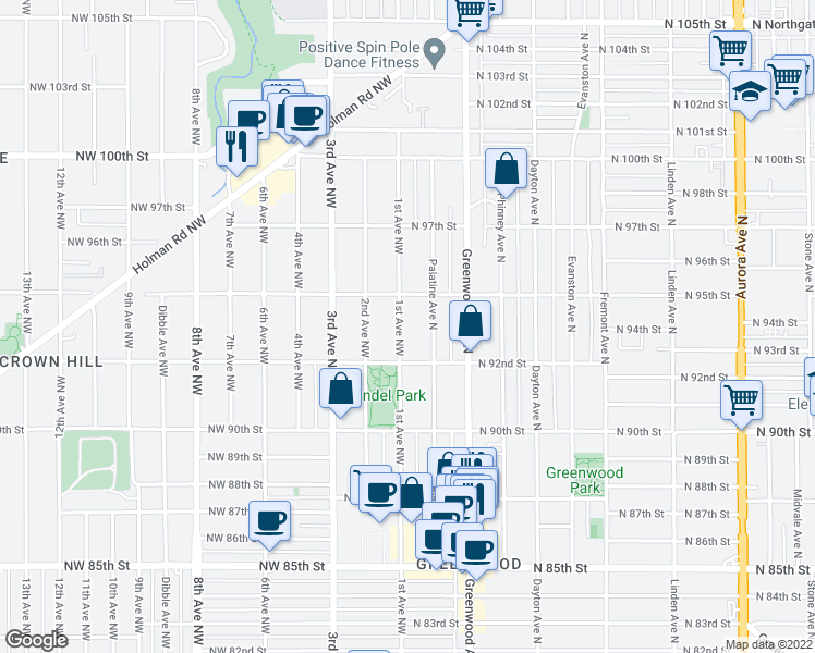 map of restaurants, bars, coffee shops, grocery stores, and more near 9230 1st Avenue Northwest in Seattle