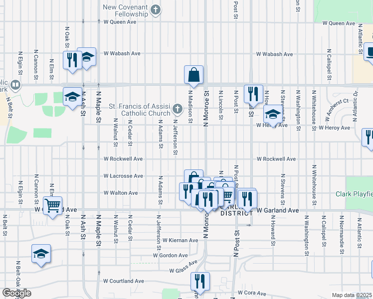 map of restaurants, bars, coffee shops, grocery stores, and more near 4217 North Madison Street in Spokane