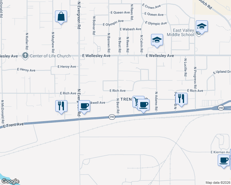 map of restaurants, bars, coffee shops, grocery stores, and more near 4406 North Best Road in Spokane Valley