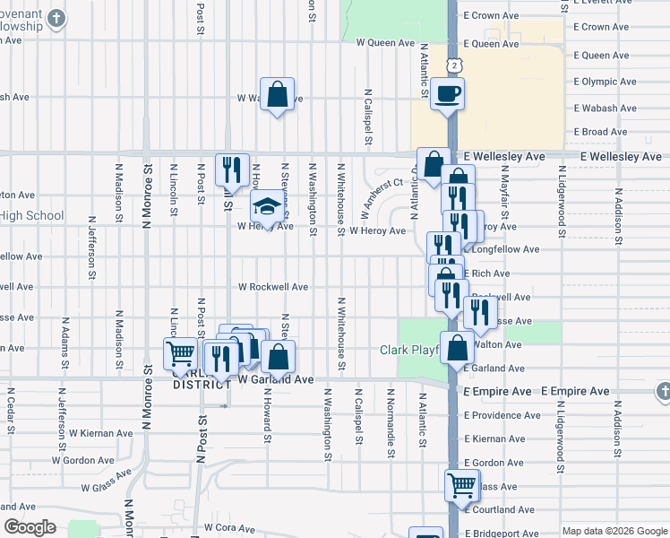 map of restaurants, bars, coffee shops, grocery stores, and more near 4215 North Whitehouse Street in Spokane