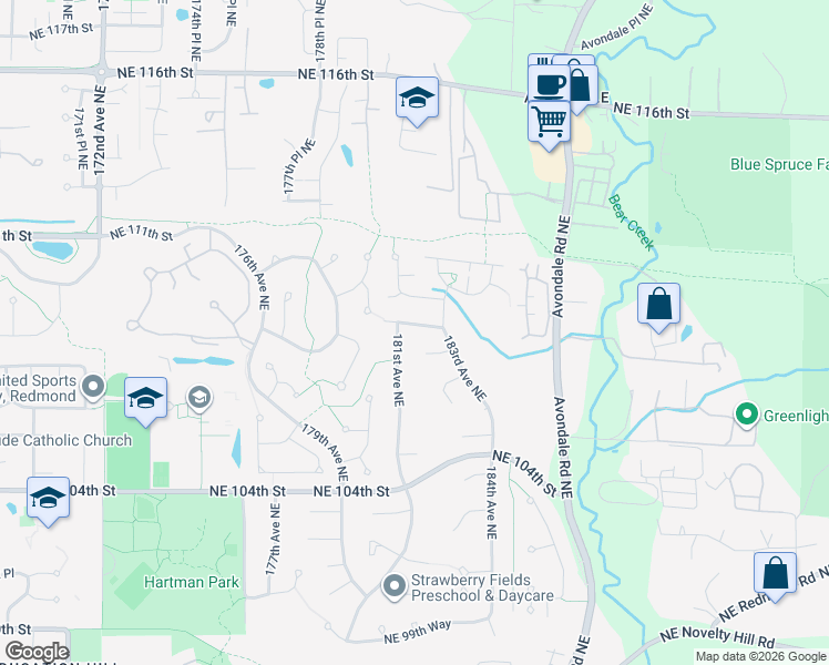 map of restaurants, bars, coffee shops, grocery stores, and more near 18111 Northeast 109th Street in Redmond