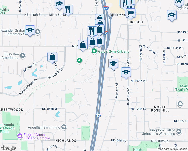 map of restaurants, bars, coffee shops, grocery stores, and more near 120th Lane Northeast in Kirkland