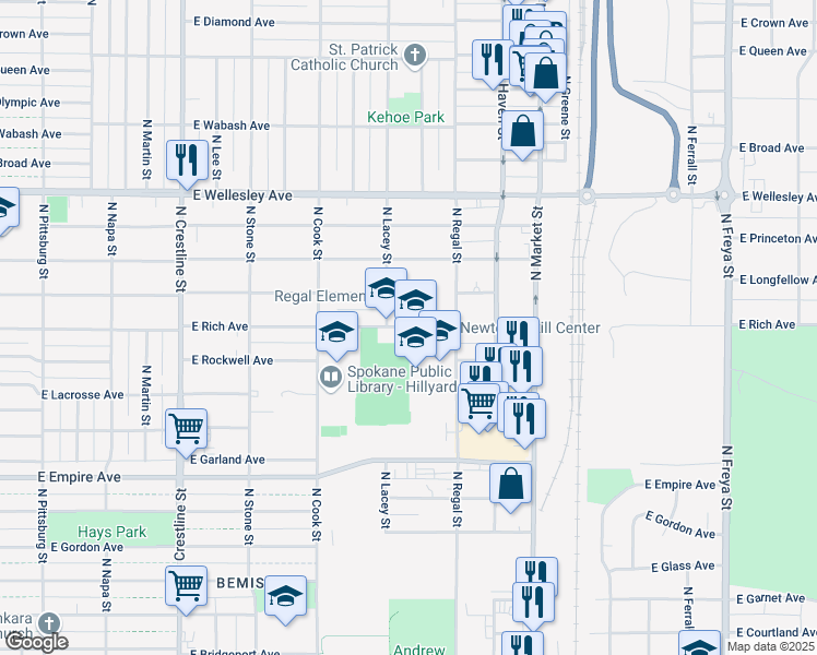 map of restaurants, bars, coffee shops, grocery stores, and more near 2724 East Rich Avenue in Spokane