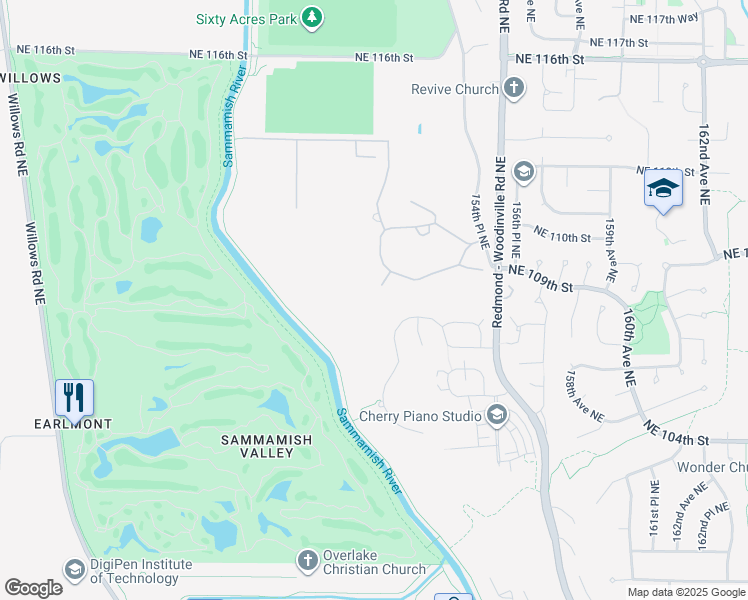 map of restaurants, bars, coffee shops, grocery stores, and more near 10714 151st Court Northeast in Redmond