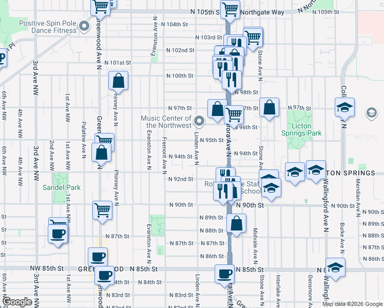 map of restaurants, bars, coffee shops, grocery stores, and more near 9403 Linden Avenue North in Seattle