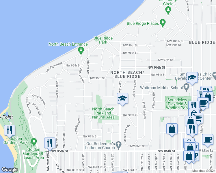 map of restaurants, bars, coffee shops, grocery stores, and more near 9234 26th Avenue Northwest in Seattle