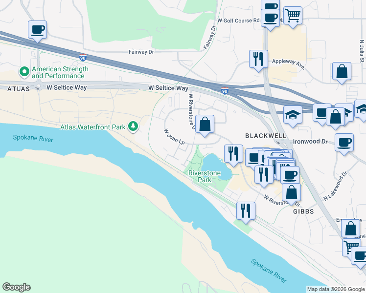 map of restaurants, bars, coffee shops, grocery stores, and more near 2157 West Estancia Drive in Coeur d'Alene
