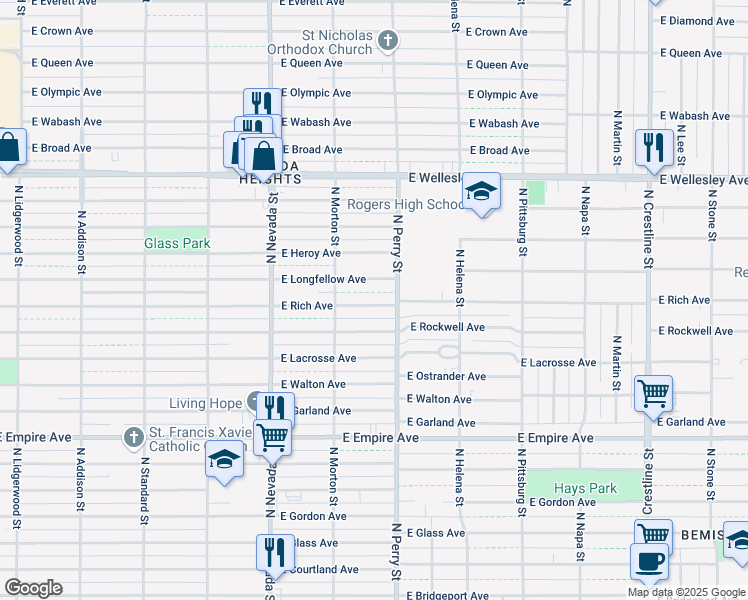 map of restaurants, bars, coffee shops, grocery stores, and more near 1307 East Rich Avenue in Spokane