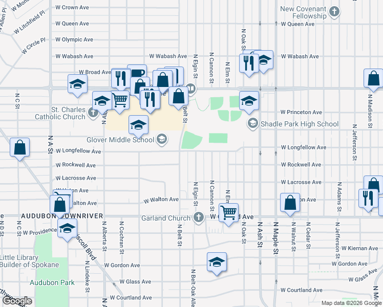 map of restaurants, bars, coffee shops, grocery stores, and more near in Spokane