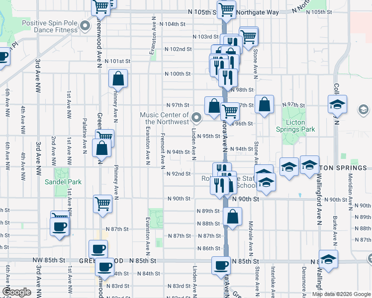 map of restaurants, bars, coffee shops, grocery stores, and more near 9403 Linden Avenue North in Seattle