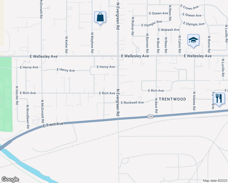 map of restaurants, bars, coffee shops, grocery stores, and more near 4405 North Evergreen Road in Spokane Valley
