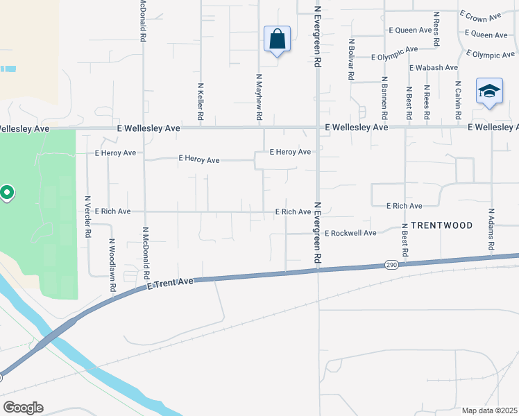 map of restaurants, bars, coffee shops, grocery stores, and more near 4403 North Mayhew Road in Spokane Valley