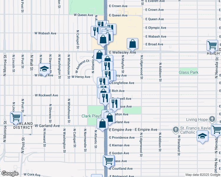 map of restaurants, bars, coffee shops, grocery stores, and more near 4302 North Division Street in Spokane