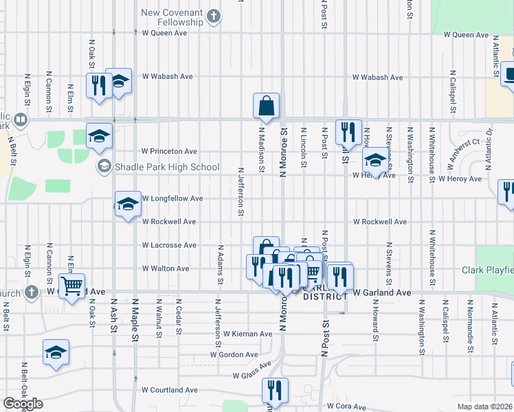 map of restaurants, bars, coffee shops, grocery stores, and more near 4217 North Madison Street in Spokane