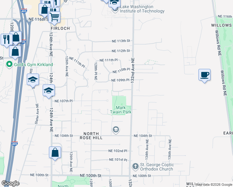 map of restaurants, bars, coffee shops, grocery stores, and more near 13003 Northeast 108th Street in Kirkland