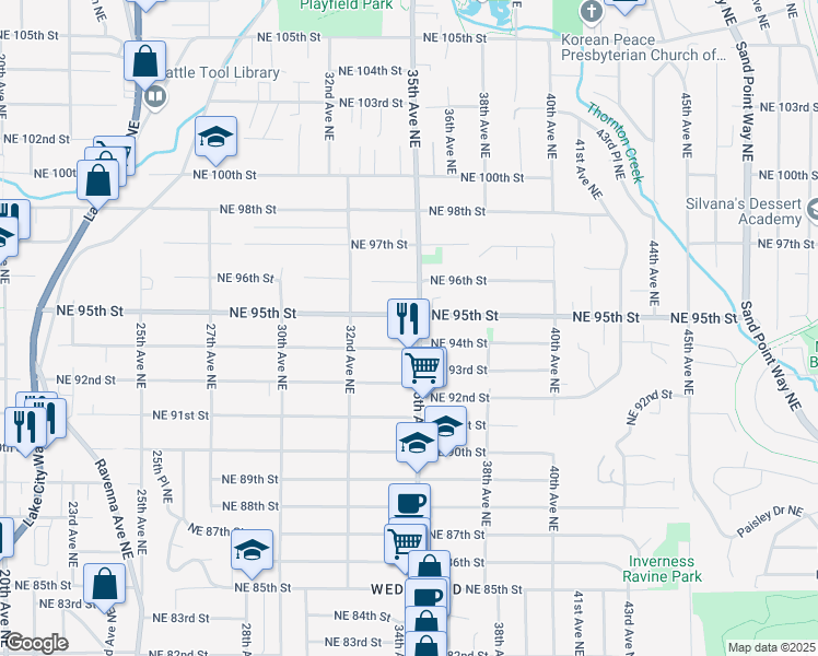 map of restaurants, bars, coffee shops, grocery stores, and more near 9419 35th Avenue Northeast in Seattle