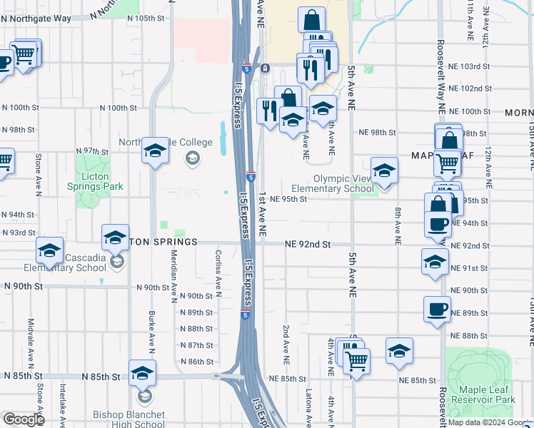 map of restaurants, bars, coffee shops, grocery stores, and more near 110 Northeast 94th Street in Seattle