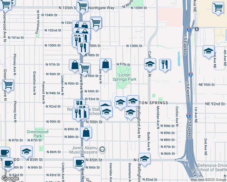 map of restaurants, bars, coffee shops, grocery stores, and more near 9231 Ashworth Avenue North in Seattle