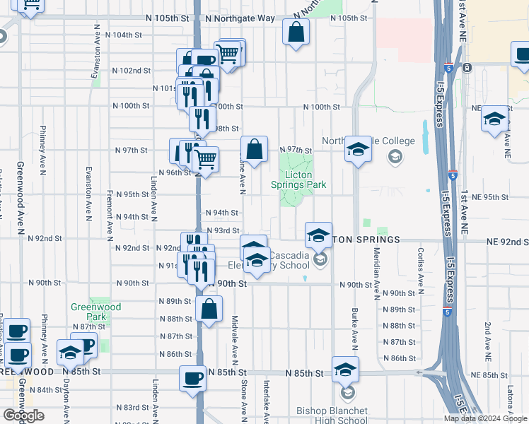 map of restaurants, bars, coffee shops, grocery stores, and more near 9231 Ashworth Avenue North in Seattle