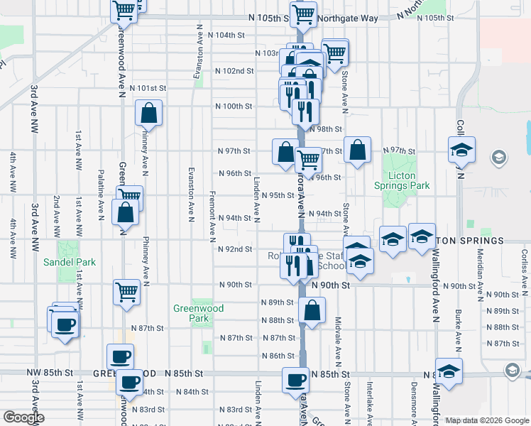 map of restaurants, bars, coffee shops, grocery stores, and more near 9403 Linden Avenue North in Seattle