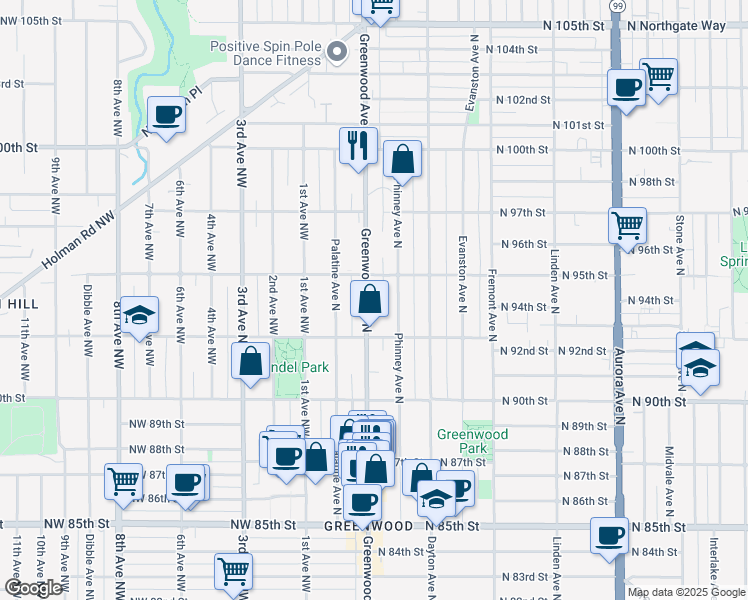 map of restaurants, bars, coffee shops, grocery stores, and more near 9234 Greenwood Avenue North in Seattle