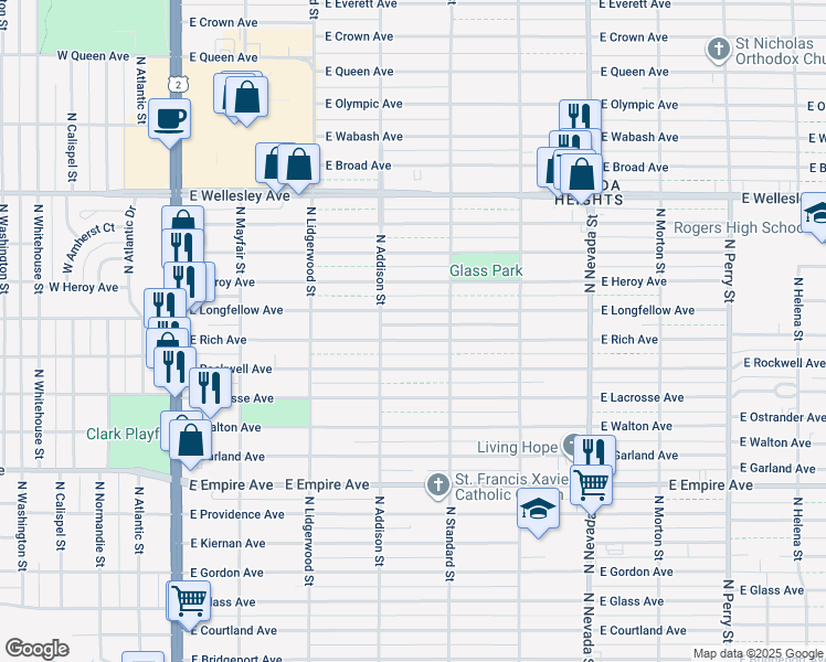 map of restaurants, bars, coffee shops, grocery stores, and more near 527 E Rich Ave in Spokane