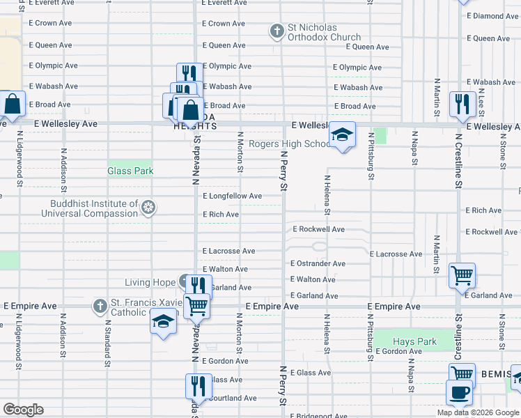 map of restaurants, bars, coffee shops, grocery stores, and more near 1221 East Rich Avenue in Spokane
