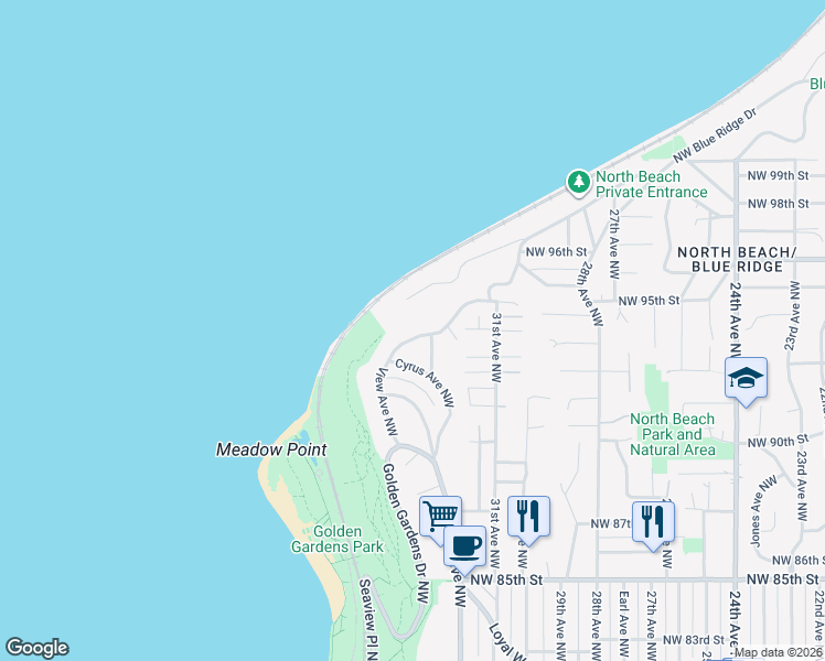 map of restaurants, bars, coffee shops, grocery stores, and more near 9231 View Avenue Northwest in Seattle