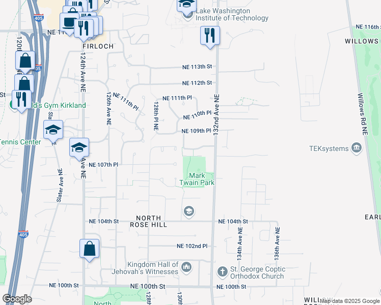 map of restaurants, bars, coffee shops, grocery stores, and more near 13003 Northeast 108th Street in Kirkland