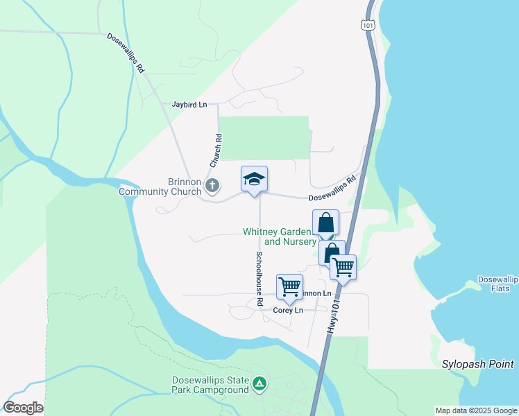 map of restaurants, bars, coffee shops, grocery stores, and more near 46 Schoolhouse Road in Brinnon