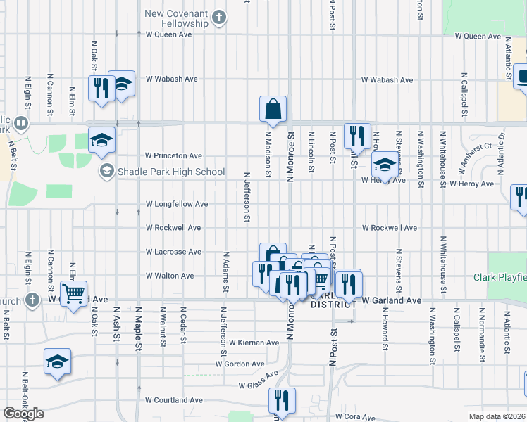 map of restaurants, bars, coffee shops, grocery stores, and more near 4217 North Madison Street in Spokane