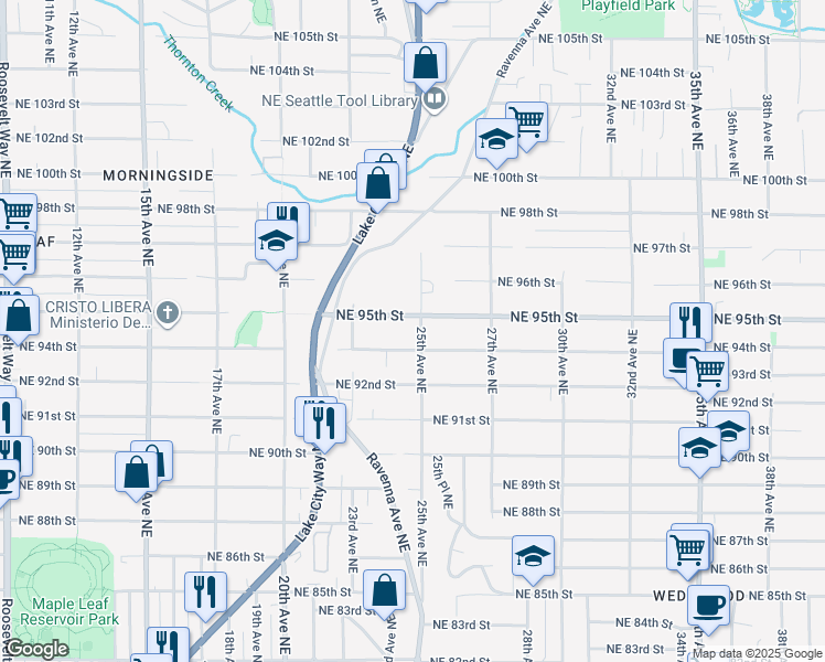 map of restaurants, bars, coffee shops, grocery stores, and more near 2339 Northeast 95th Street in Seattle