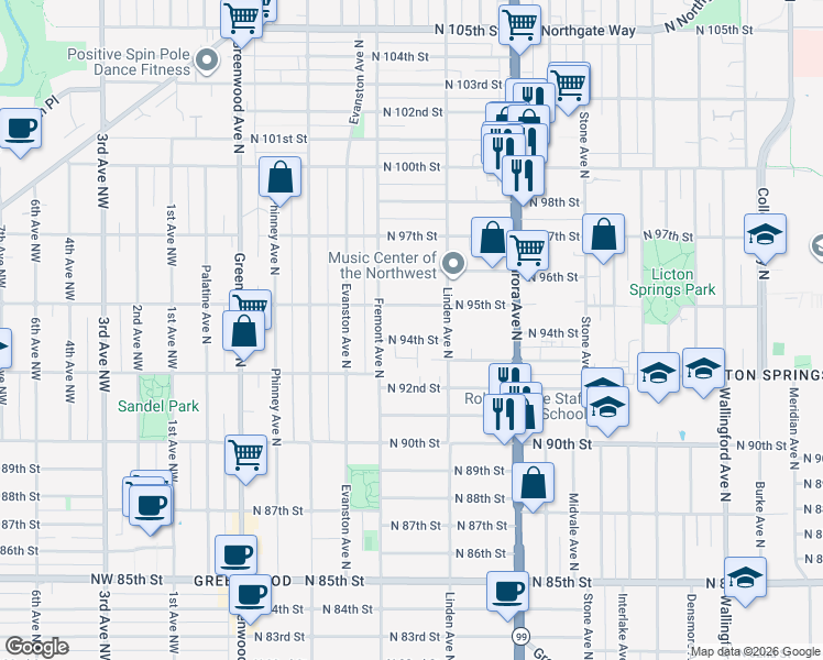 map of restaurants, bars, coffee shops, grocery stores, and more near 718 North 94th Street in Seattle