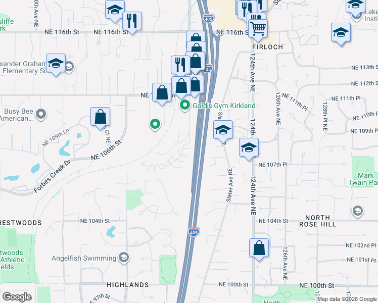 map of restaurants, bars, coffee shops, grocery stores, and more near 120th Lane Northeast in Kirkland
