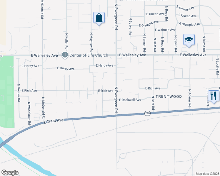 map of restaurants, bars, coffee shops, grocery stores, and more near 4405 North Evergreen Road in Spokane Valley
