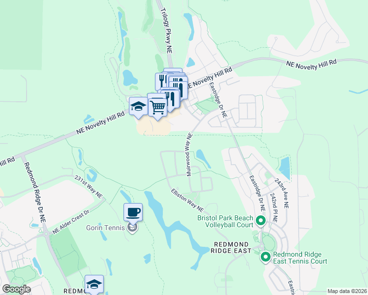 map of restaurants, bars, coffee shops, grocery stores, and more near 23656 Northeast 111th Street in Redmond