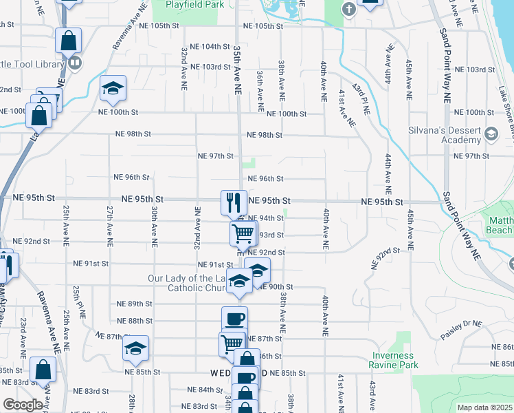 map of restaurants, bars, coffee shops, grocery stores, and more near 3530 Northeast 94th Street in Seattle