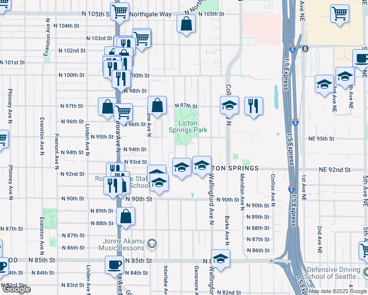 map of restaurants, bars, coffee shops, grocery stores, and more near 9236 Woodlawn Avenue North in Seattle
