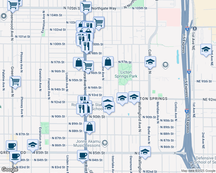 map of restaurants, bars, coffee shops, grocery stores, and more near 9322 Stone Avenue North in Seattle
